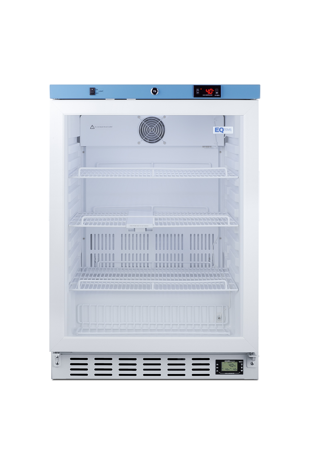 Built-In healthcare all-refrigerator certified to NSF/ANSI 456 with self-closing glass door, front lock, digital controls, and NIST calibrated temperature readout